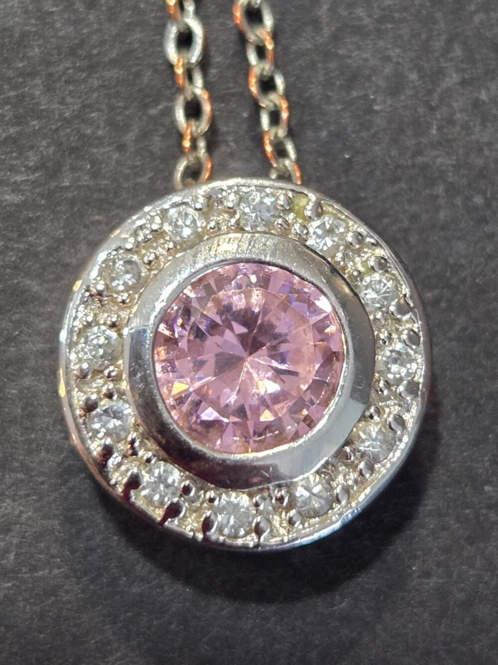 925 Silver Round Halo Pendant Pink Stone